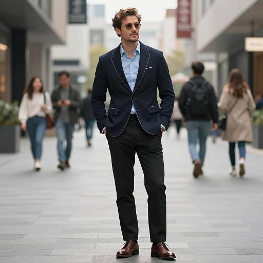 Confident Man in Navy Blazer Walking in Urban Corridor