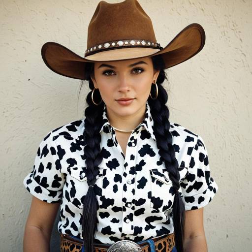 Young Woman in Cowboy Hat and Cow Print Shirt