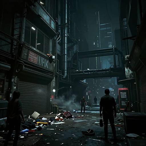 Cyberpunk night scene: dark alley with neon lights, trash on the ground, shuttered shops, smoke, silhouetted figures, and