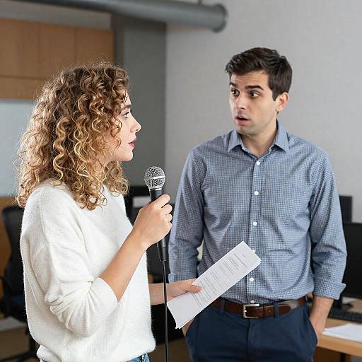 Woman Speaking in a Cluttered Office