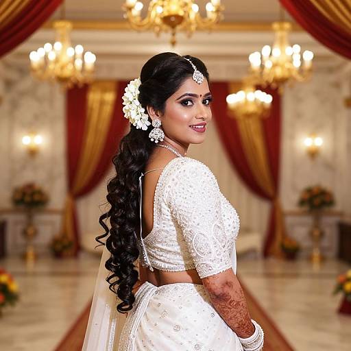 Photograph of a beautiful South Asian bride with long black hair in a white lace lehenga, floral headpiece, and traditional jewelry, smiling in an
