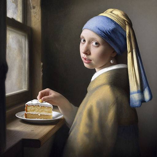 Photorealistic digital painting of a young woman with pale skin, blue headscarf, and yellow bonnet, eating a dusted cake by a
