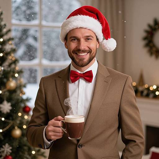 Smiling man in brown suit, red bow tie, Santa hat, holding steaming mug, Christmas tree and window in snowy background. Photograph.