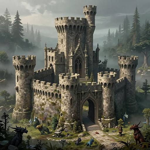Digital fantasy artwork of a grand, stone castle with tall towers, surrounded by a misty forest, dragons, and mythical creatures.