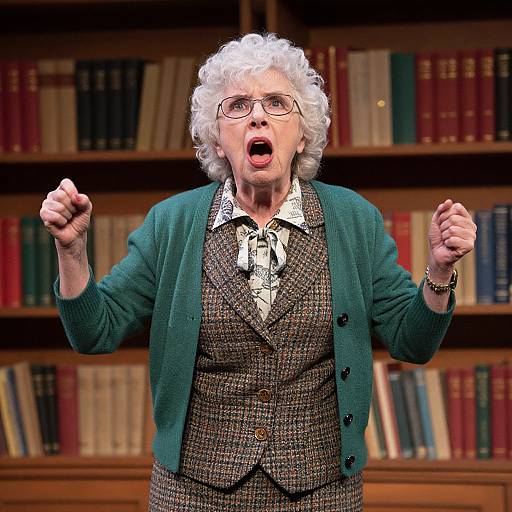 Photograph of an elderly woman with white curly hair, glasses, and patterned outfit, raising fists and shouting in a library.