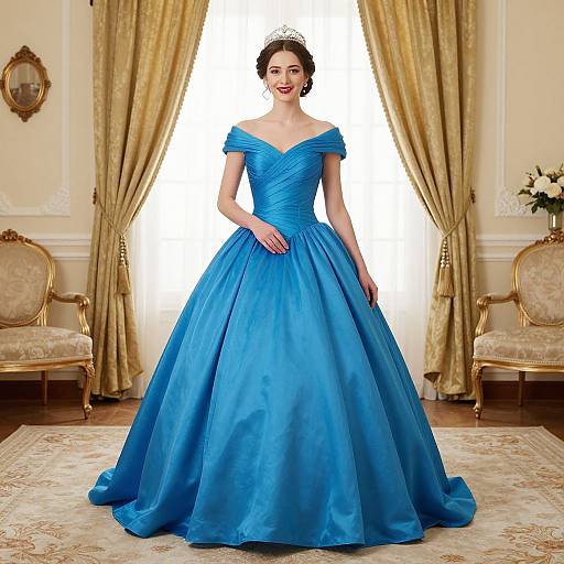 Photograph of a fair-skinned woman with dark hair in an off-shoulder, vibrant blue ball gown, standing in an elegant room with gold