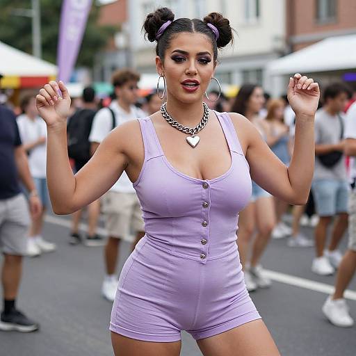Photograph of a curvy woman with dark hair in double buns, wearing a lavender button-up romper, large hoop earrings, and a chunk