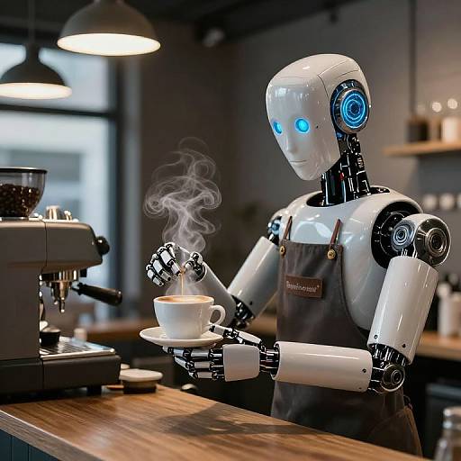 Photograph of a futuristic white robotic barista with glowing blue eyes, serving a steaming cup of coffee in a modern café.