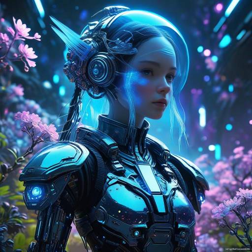 Futuristic Female Cyborg with Cherry Blossoms