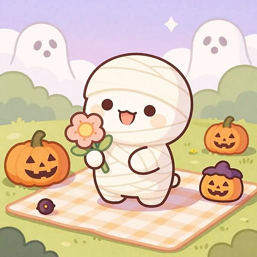 Cute Mummy with Flower at Halloween Picnic