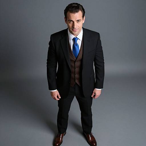 Photograph of a man with short dark hair, wearing a black suit, white shirt, blue tie, and brown shoes, standing against a gray background