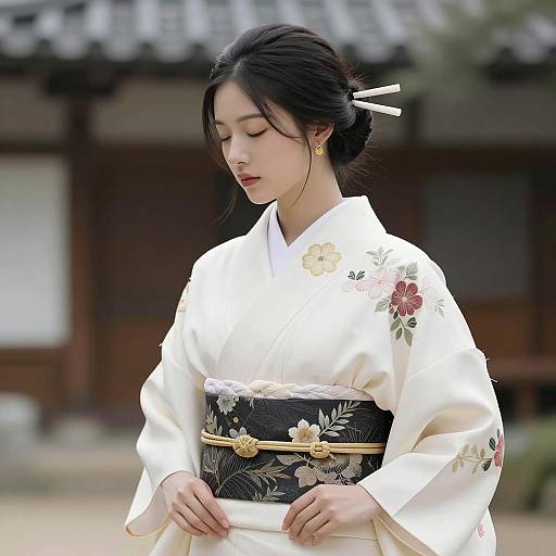 East Asian Woman in White Kimono