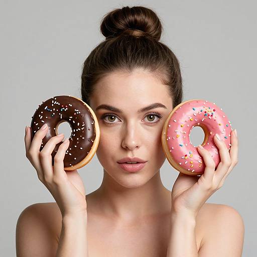 Photograph of a fair-skinned woman with dark hair in a bun, holding a chocolate and pink sprinkled donut, neutral background.