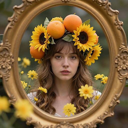 Photograph: Young woman with wavy brown hair, sunflower and orange fruit crown, framed by ornate gold mirror, surrounded by yellow dais