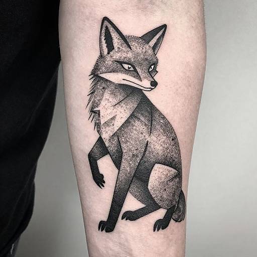 Black and gray tattoo of a detailed, sitting fox with sharp eyes, textured fur, and realistic shading on a human arm.
