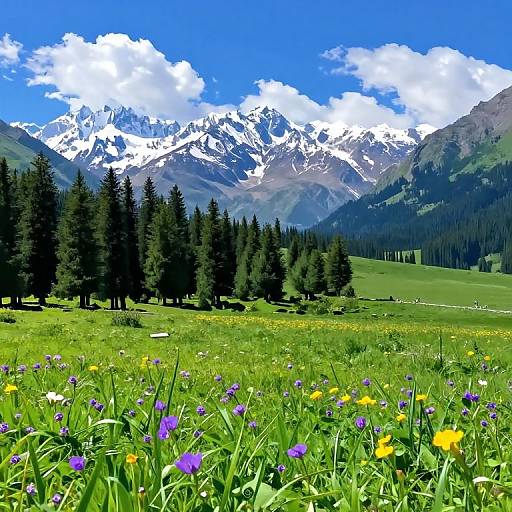 Vibrant photograph of a lush meadow with wildflowers, pine trees, and snow-capped mountains under a bright blue sky with white clouds.