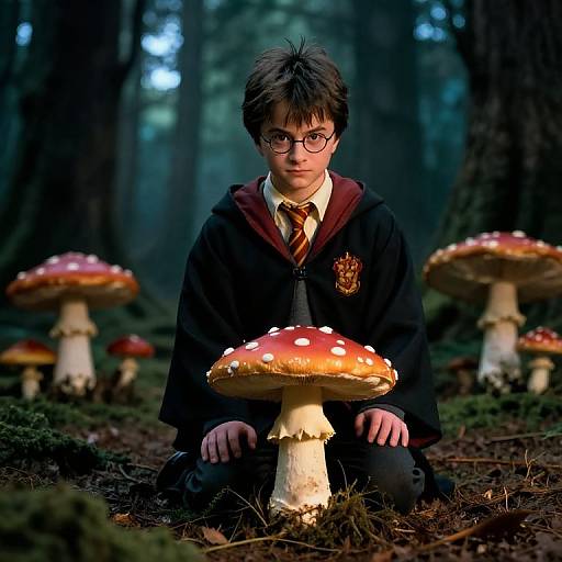 Photograph of a young boy with glasses, wearing a Hogwarts robe, kneeling in a forest among large, glowing orange and white mushrooms.