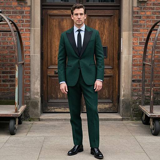 Photograph of a handsome, young man with short brown hair, in a dark green suit, white shirt, and black tie, standing in front of