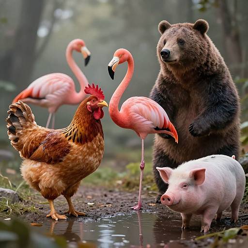 Photograph of a brown bear, two pink flamingos, a rooster, and a white pig standing by a forest stream, with misty background