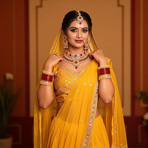 Photograph of a beautiful Indian bride in a yellow saree with gold embroidery, wearing elaborate jewelry, holding her veil, smiling warmly.