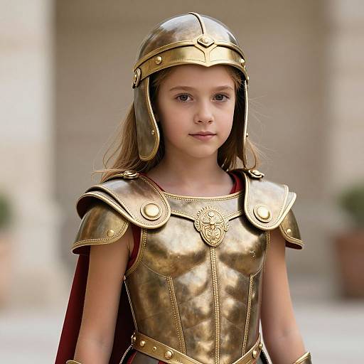 Photograph of a young girl with fair skin and brown hair, wearing a shiny golden medieval-style armor with a helmet, standing outdoors with blurred background.