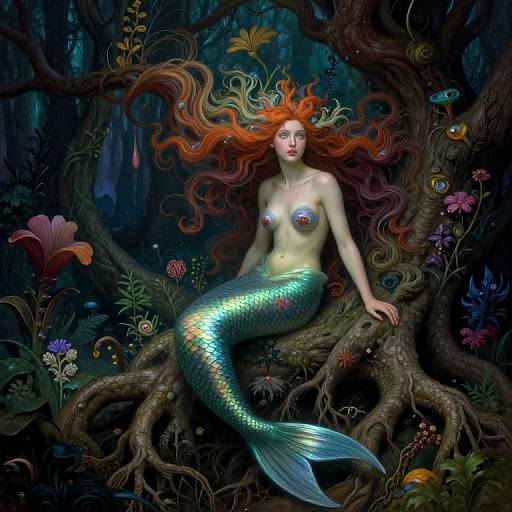 Digital fantasy artwork of a topless mermaid with long, flowing red hair, green scales, and a shimmering tail, sitting on a gnar