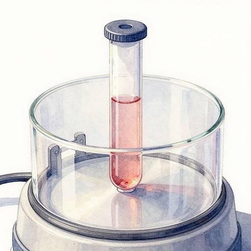 Digital illustration of a glass beaker with a black-capped test tube containing a pink liquid, set on a white laboratory base.