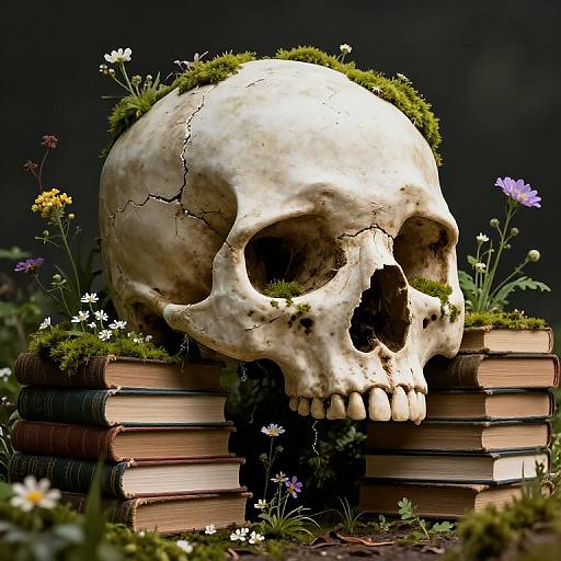 Colossal Skull Overgrown Among Ancient Books