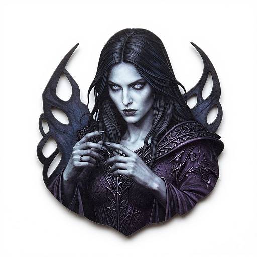 Digital artwork of a pale-skinned, dark-haired female elf with black, ornate wings, intense blue eyes, and intricate dark clothing, focusing on