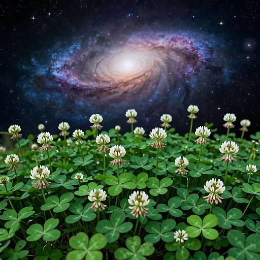 Photograph of a lush green field with white clover flowers under a starry sky, featuring a bright, glowing spiral galaxy at the center.