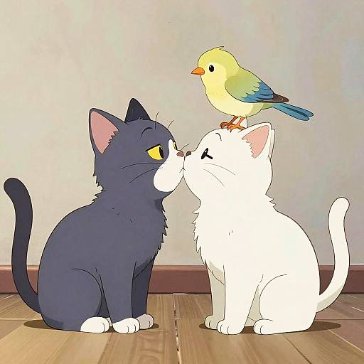Digital drawing of a black cat and white cat sitting on wooden floor, kissing noses while a yellow bird with blue wings perches on the white cat's