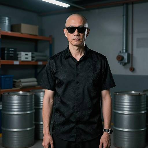 Bald Man in Industrial Dim Lighting