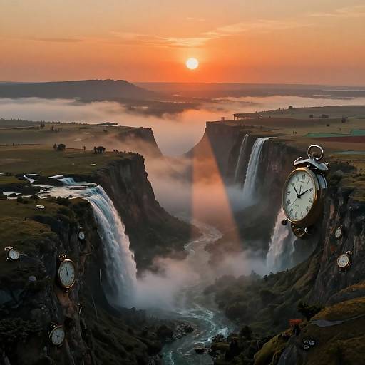 Photograph of a sunset over twin waterfalls, surrounded by mist, with multiple clock faces floating in the foreground.