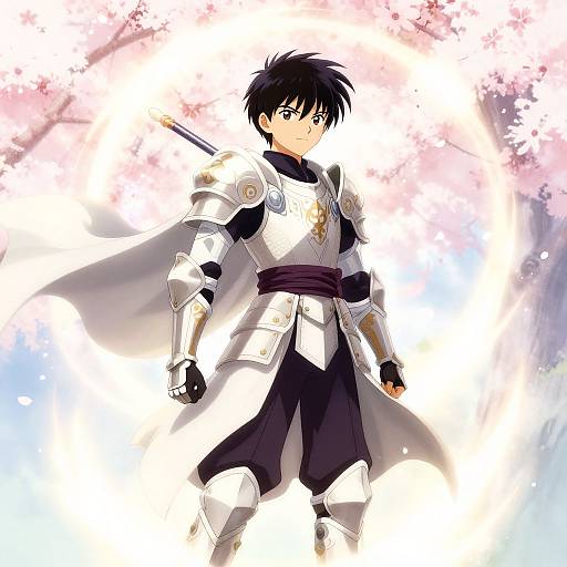 Anime-style digital illustration of a black-haired, blue-eyed young warrior in white ornate armor, with a sword sheathed on his back, standing confidently
