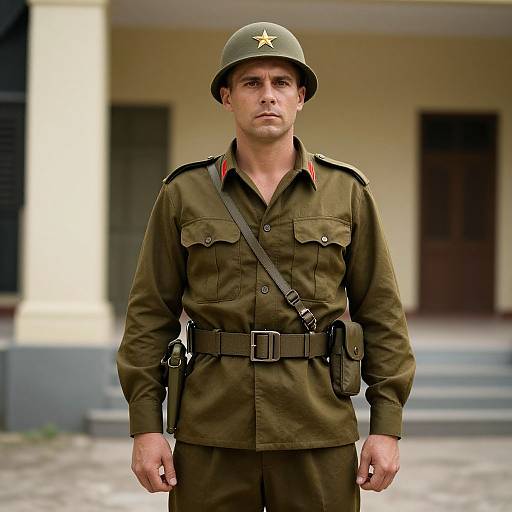 Photograph of a serious-faced Caucasian male soldier in olive green WWII-style uniform, helmet with star, belt, and pouches, standing in front of