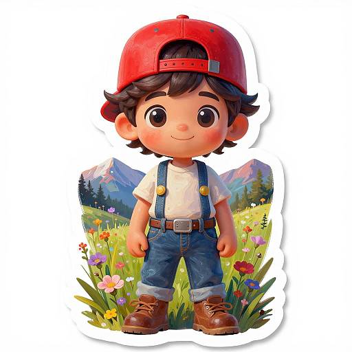 Cute Boy in Red Cap in Mountain Meadow