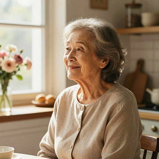 Photograph of an elderly woman with short gray hair, wearing a beige cardigan, sitting in a sunlit kitchen, smiling softly. Background includes a