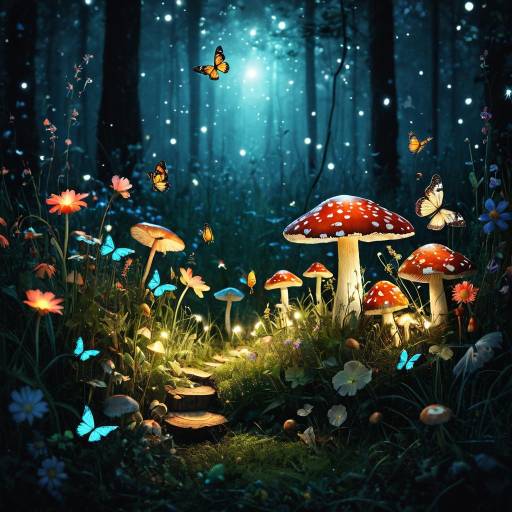 Glowing Mushroom Meadow with Butterflies at Night