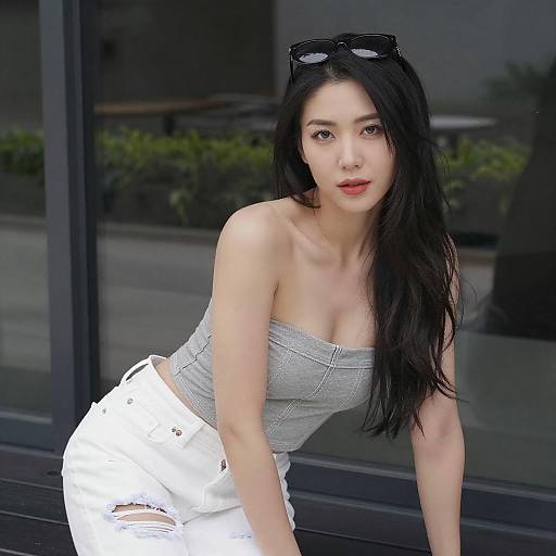 Stylish Asian Woman Leaning on Bench