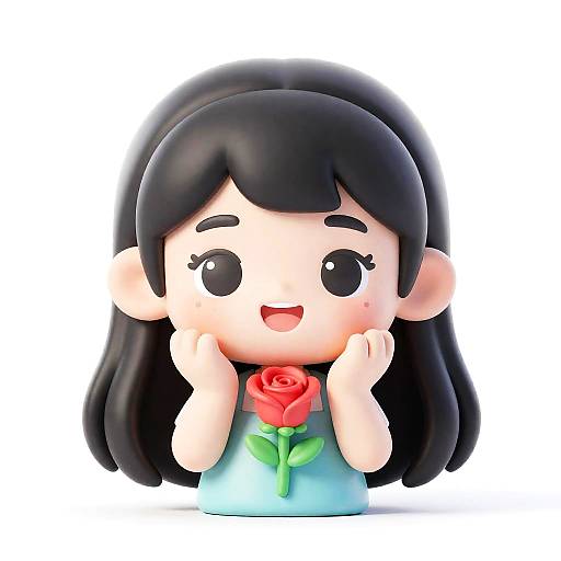 Cute 3D Cartoon Girl Holding Red Rose