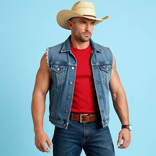 Photograph of a muscular, bearded man in a straw hat, red shirt, denim vest, and jeans, standing against a light blue background.