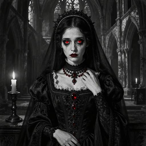 Gothic Widow with Piercing Red Eyes