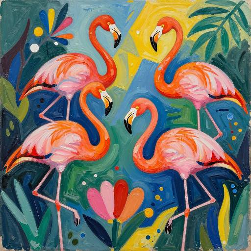 Vibrant painting of three flamingos with bright red and pink feathers, standing on one leg, surrounded by lush, colorful foliage and a yellow moon