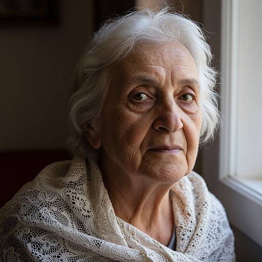 Photograph of an elderly woman with white hair, wrinkled face, and lace shawl, gazing thoughtfully out a window. Soft sunlight highlights