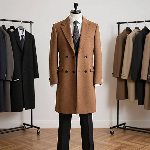 Photograph of a brown double-breasted overcoat on a black mannequin, with black pants and a black tie, in a minimalist store with