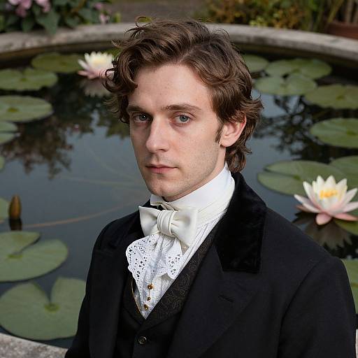 Photograph of a young white man with wavy brown hair, wearing a black suit, white lace cravat, and black vest, standing by