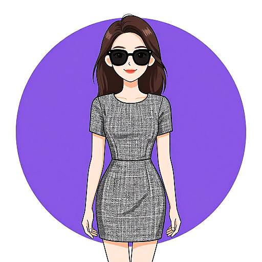 Digital illustration of a fair-skinned woman with straight brown hair, wearing black sunglasses and a tight, short-sleeved, gray houndstooth