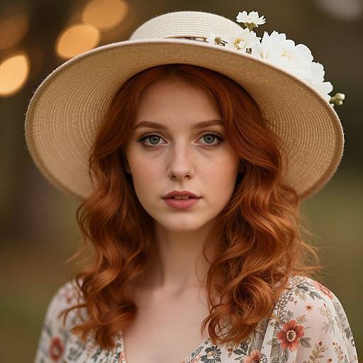 Photograph of a fair-skinned, red-haired woman with wavy hair, wearing a white floral dress and wide-brimmed straw hat adorned with