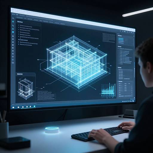 Photograph of a male programmer with dark hair, seated at a desk, using a computer displaying a 3D wireframe cube on a black interface