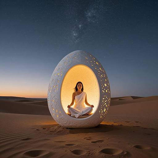Photograph of a woman meditating in a glowing, circular, ornate lantern on a desert night, with a starry sky.